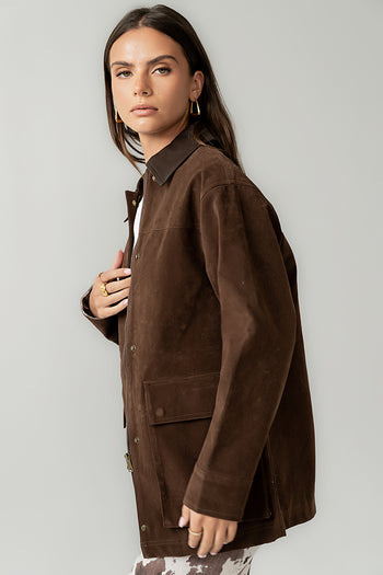 Carly Vegan Leather Jacket in Brown