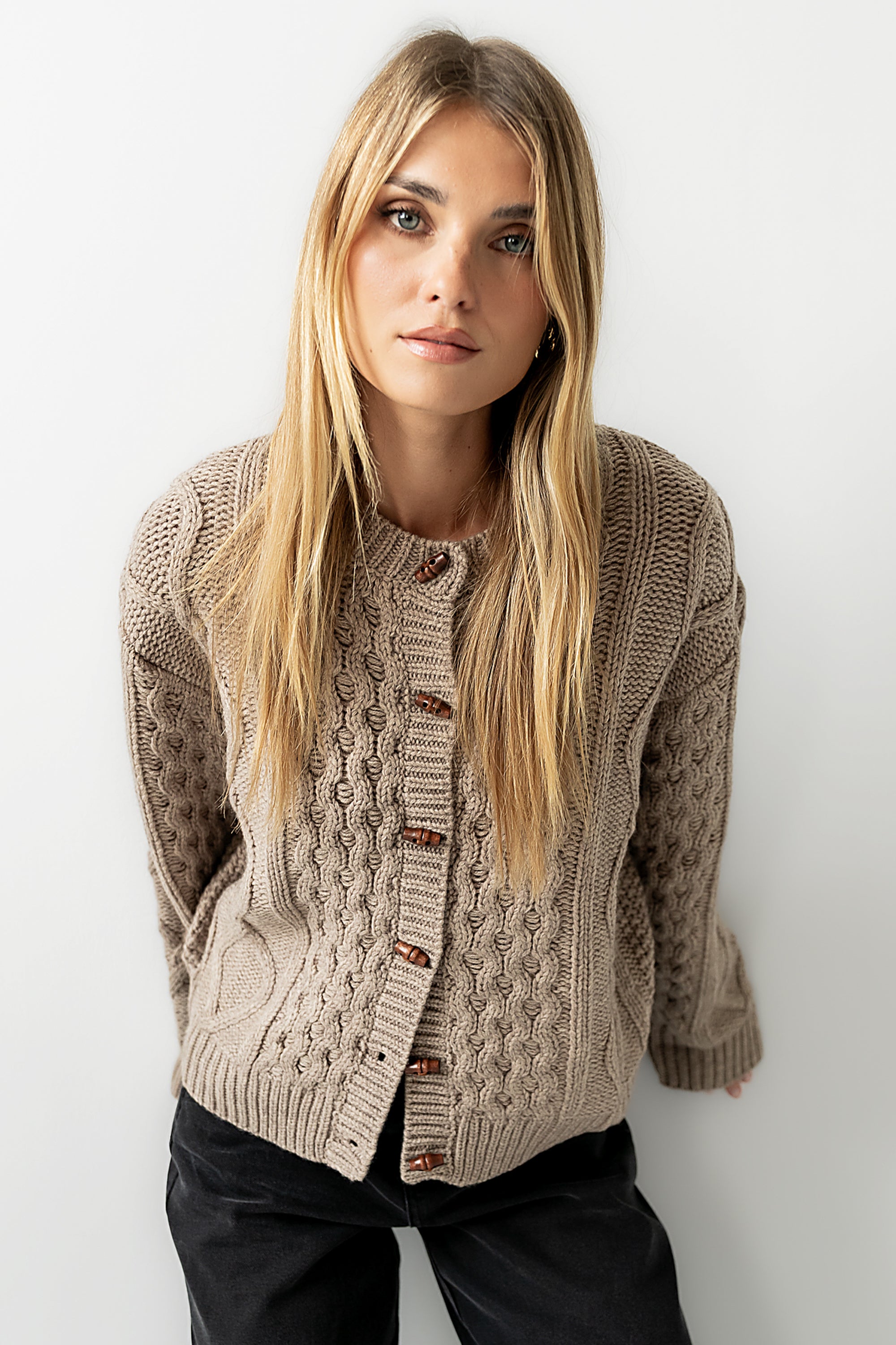 Noah Cable Knit Cardigan in Taupe - FINAL SALE