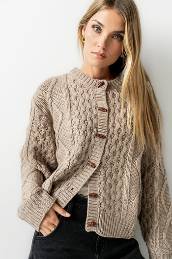 Noah Cable Knit Cardigan in Taupe - FINAL SALE
