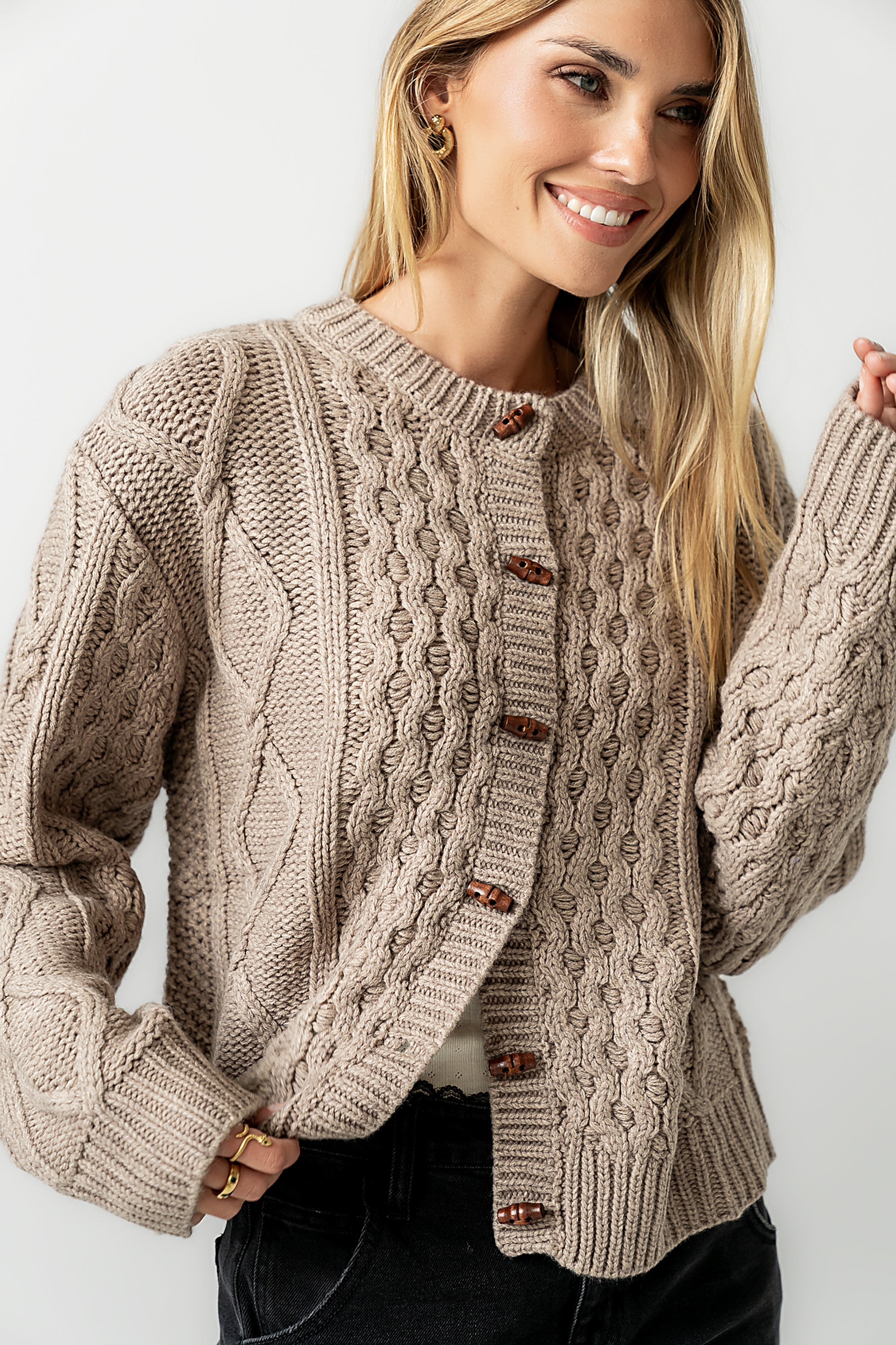 Noah Cable Knit Cardigan in Taupe