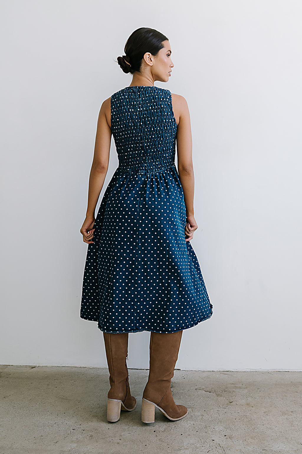white christmas dresses Sequin Embroidered Denim Bow Tiered Dress – ARCANA ARCHIVE main image 1