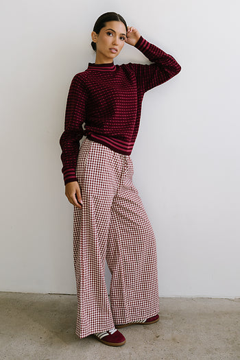 Ada Gingham Wide Leg Pants in Burgundy