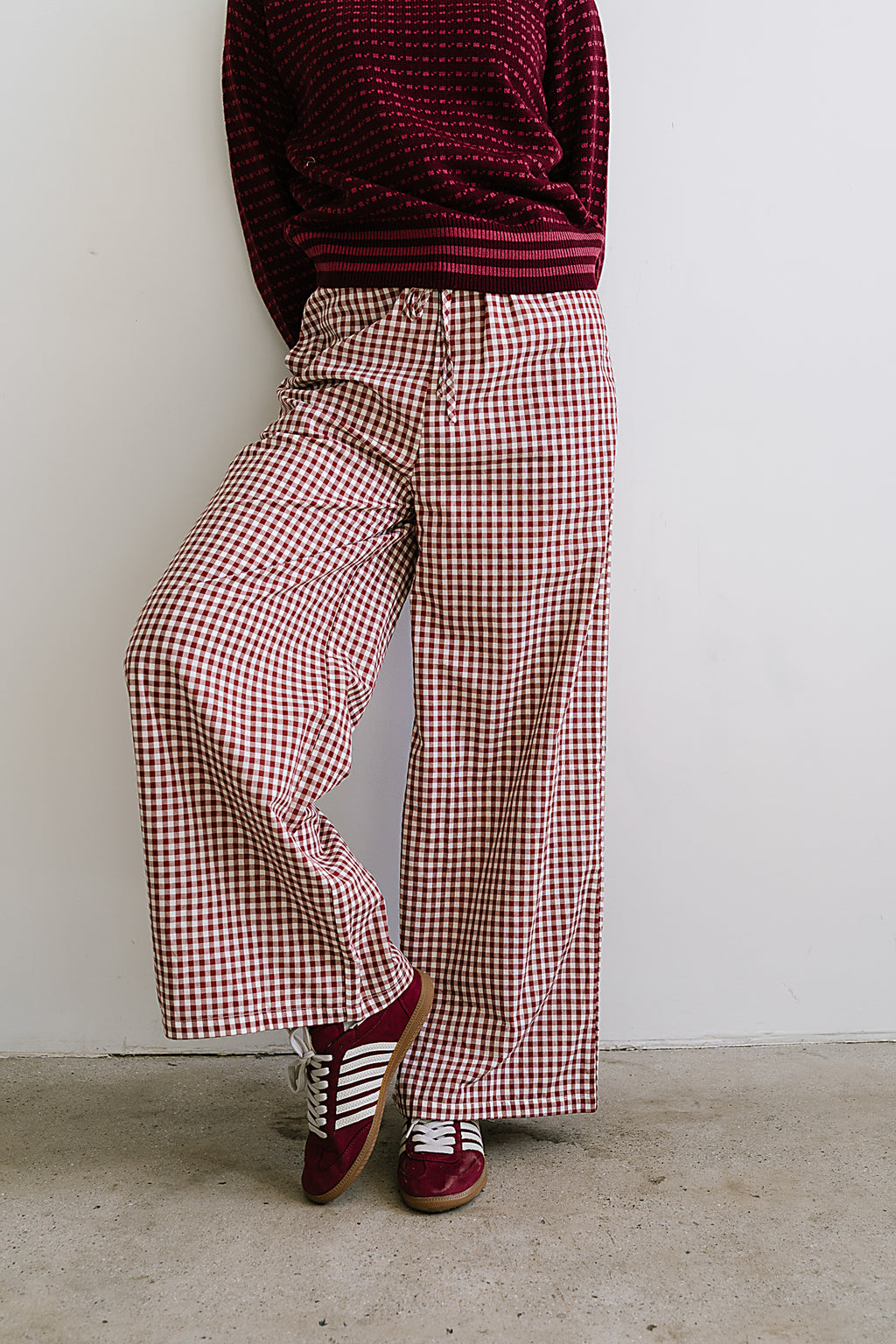 Ada Gingham Wide Leg Pants in Burgundy