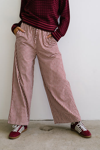 Ada Gingham Wide Leg Pants in Burgundy