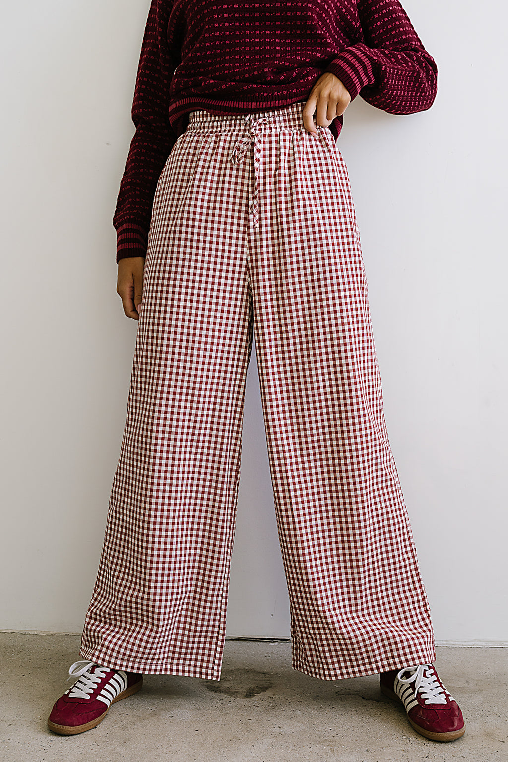 Ada Gingham Wide Leg Pants in Burgundy