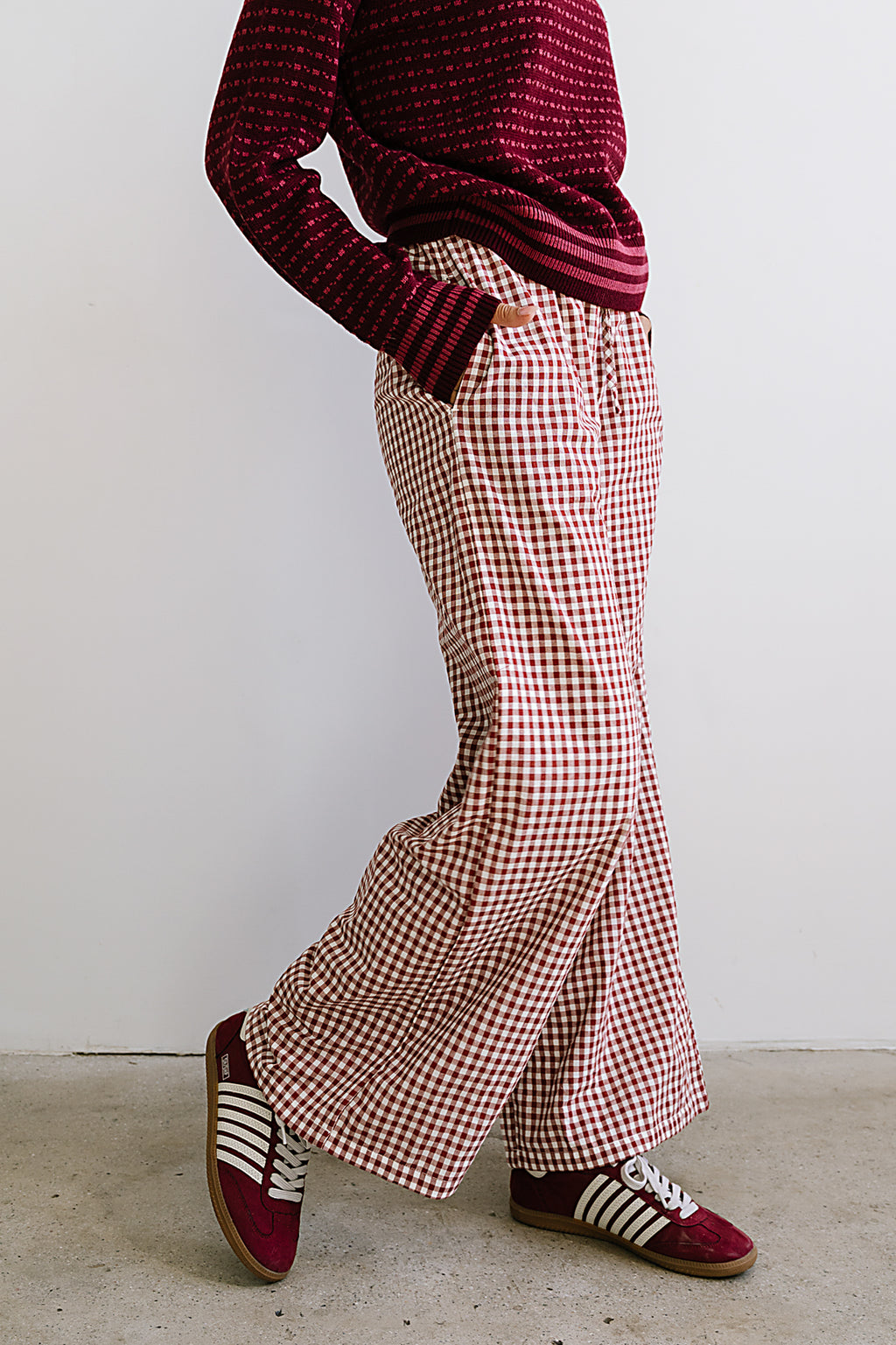 Ada Gingham Wide Leg Pants in Burgundy