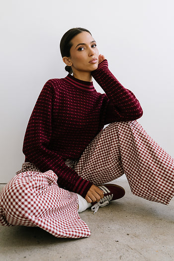 Ada Gingham Wide Leg Pants in Burgundy