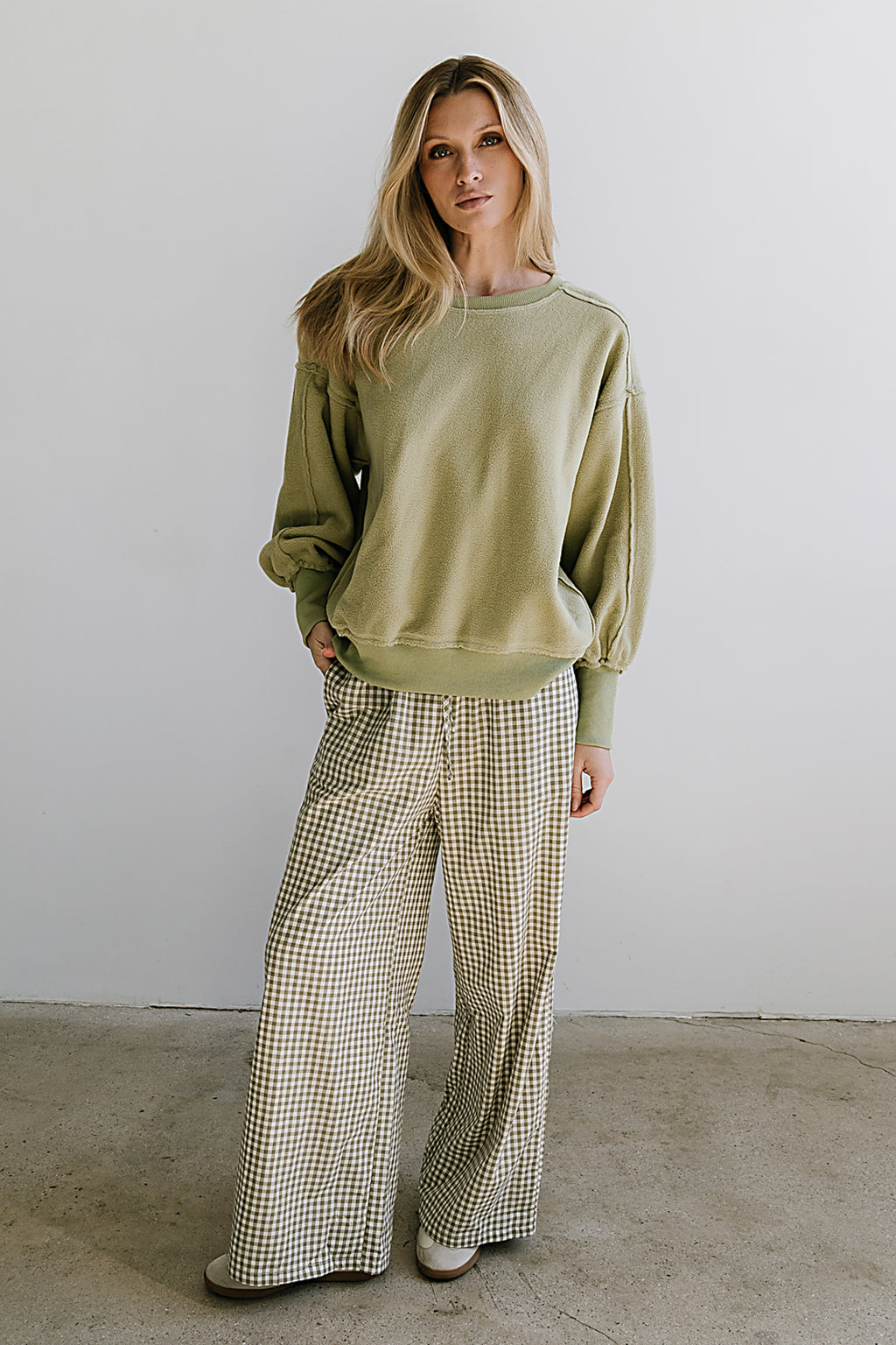 Ada Gingham Wide Leg Pants in Olive