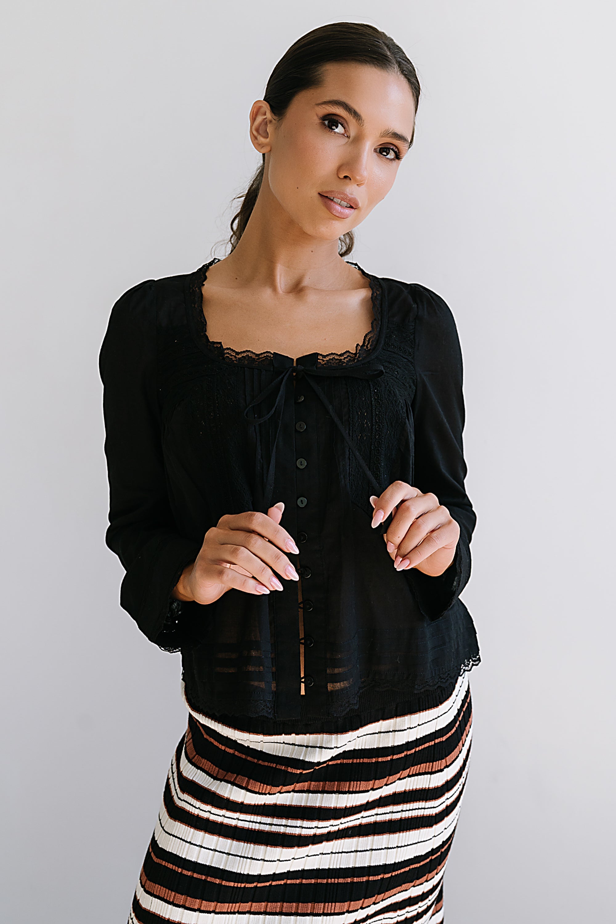 Gianna Lace Trim Blouse in Black