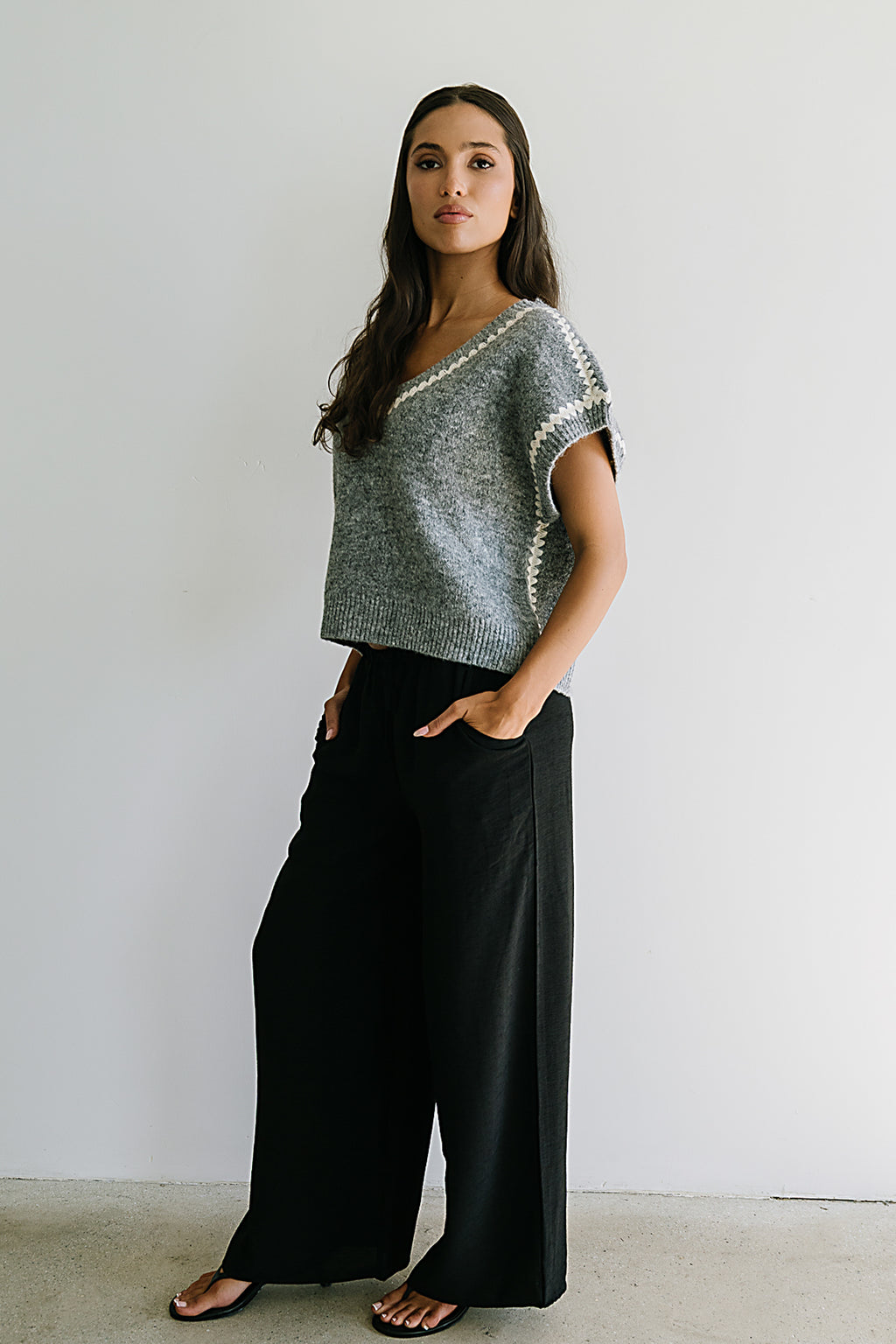 Hazel Embroidered Sweater Top in Grey - FINAL SALE