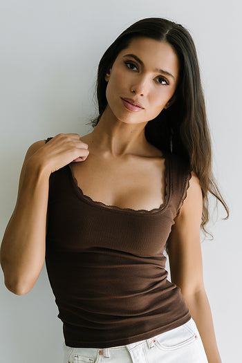 Sawyer Lace Trim Tank Top in Brown