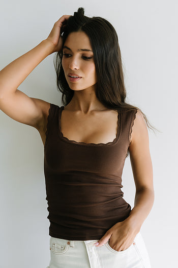 Sawyer Lace Trim Tank Top in Brown