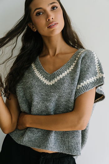 Hazel Embroidered Sweater Top in Grey - FINAL SALE