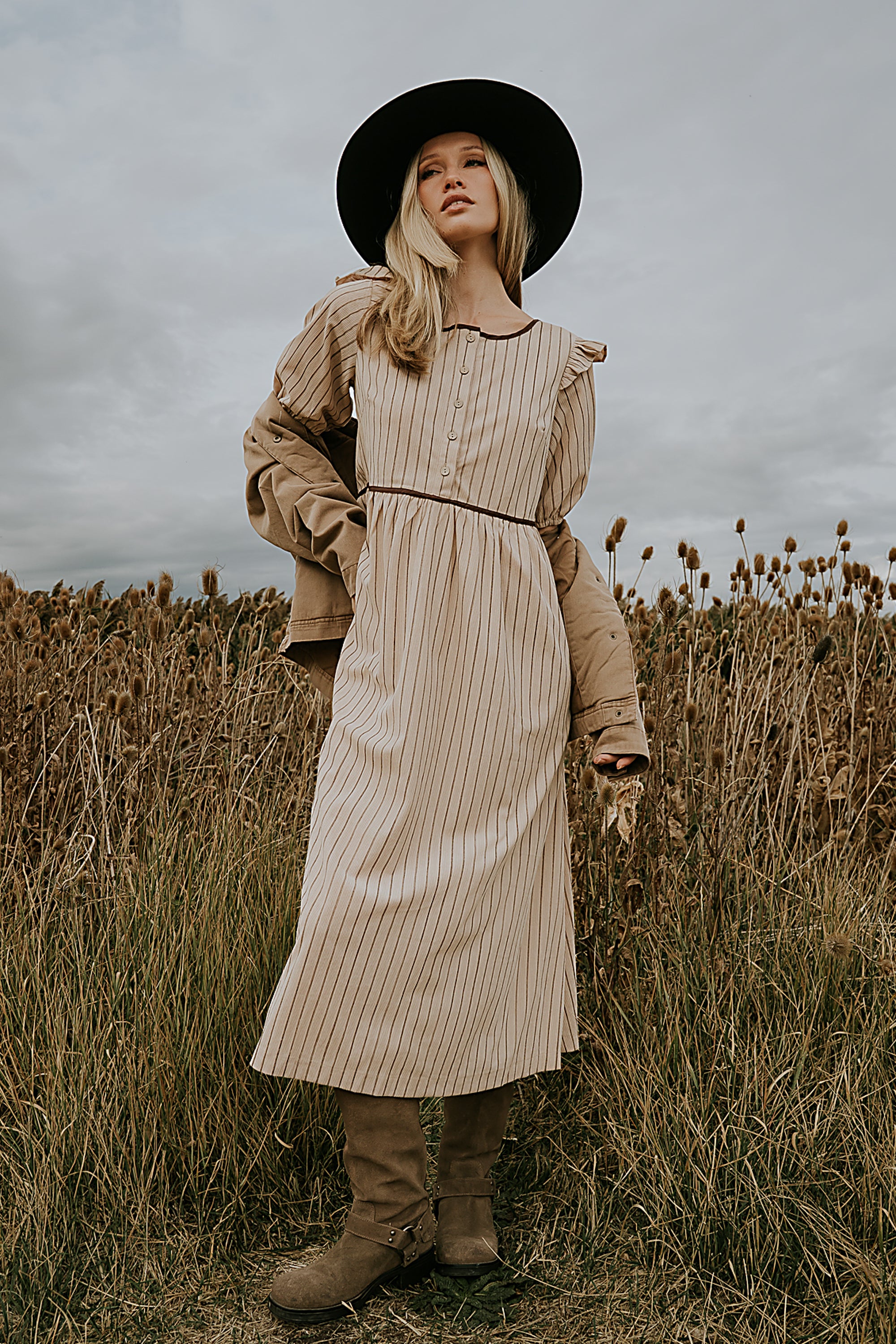 Berlin Corduroy Baby Doll Midi Dress in Taupe - FINAL SALE