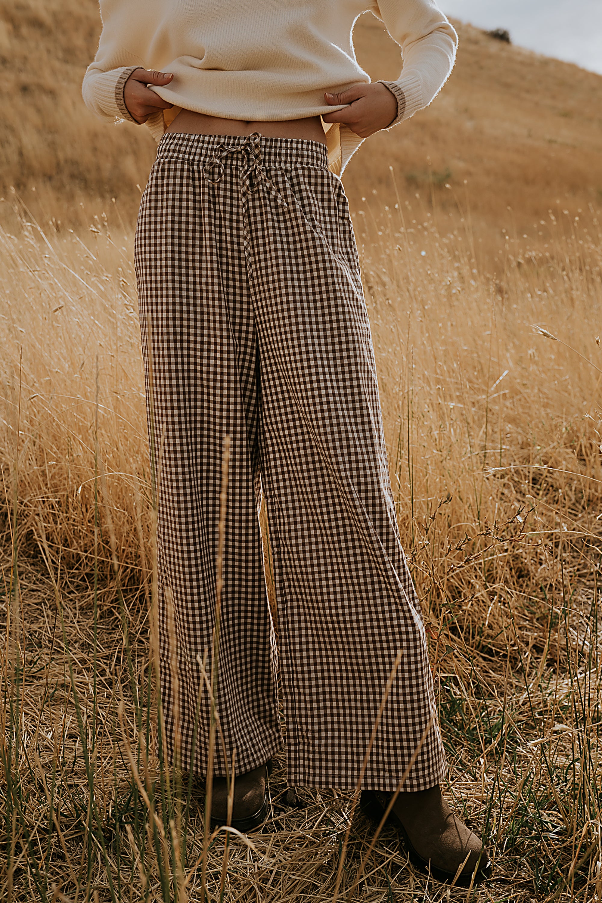Ada Gingham Wide Leg Pants in Brown - FINAL SALE