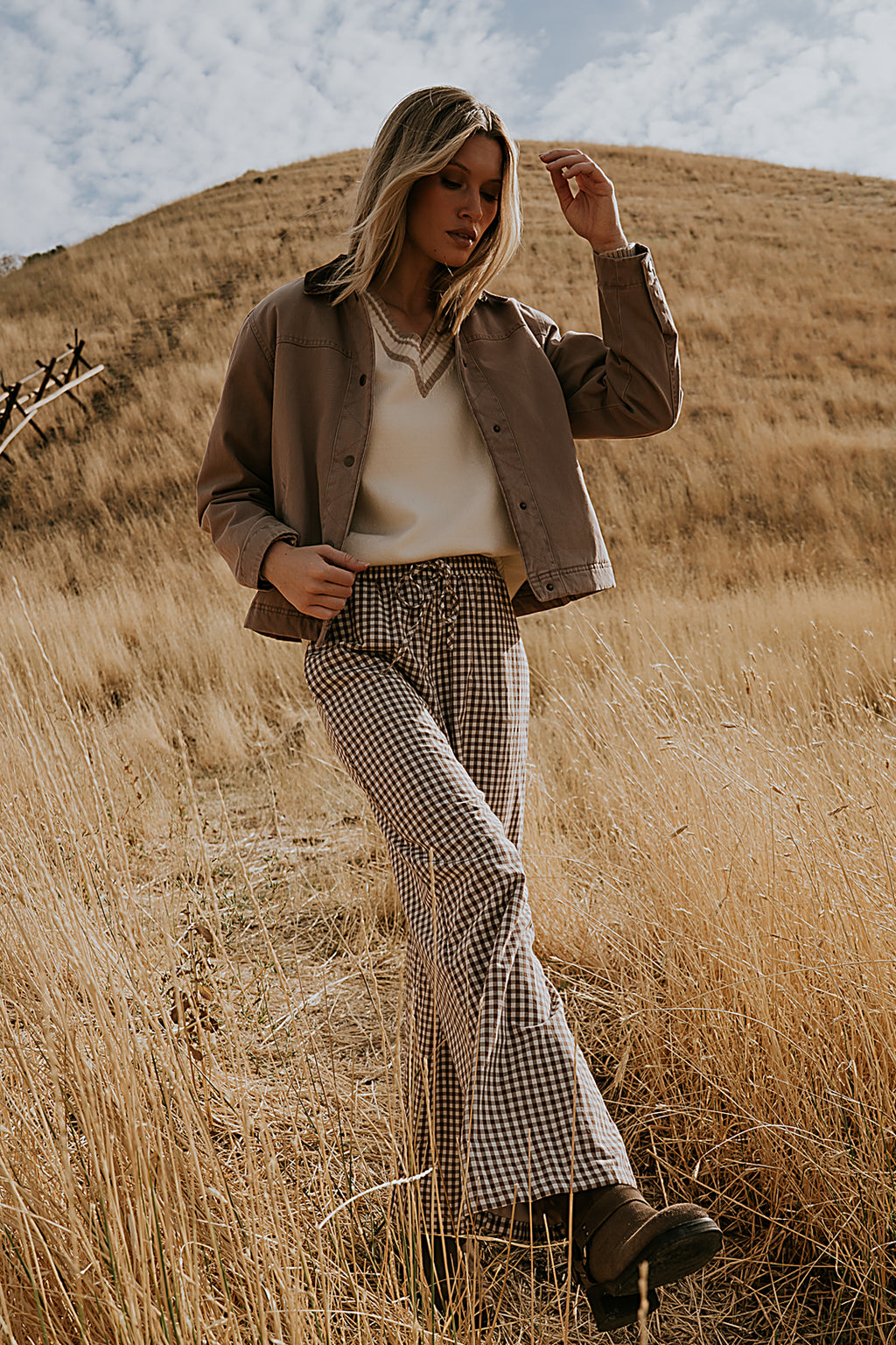 Ada Gingham Wide Leg Pants in Brown
