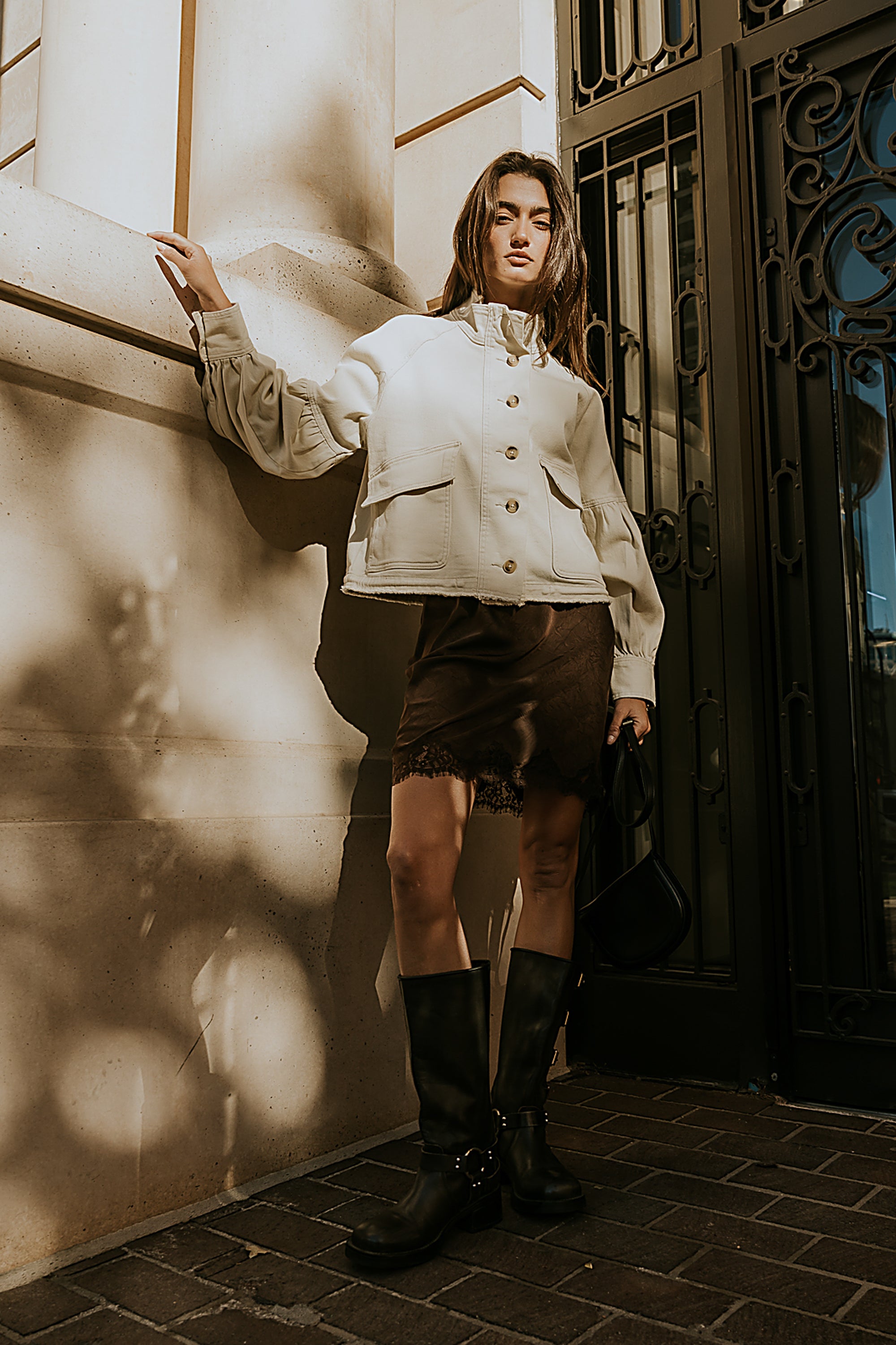 Harper Lace Trim Mini Skirt in Brown