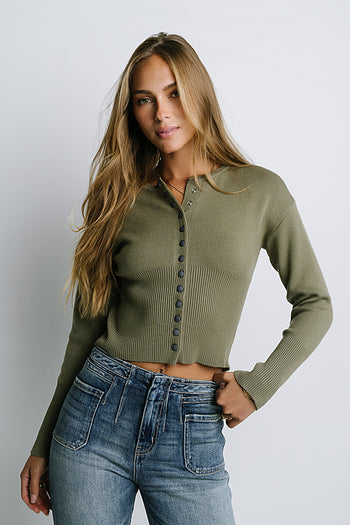 Julia Ribbed Cardigan in Olive - FINAL SALE
