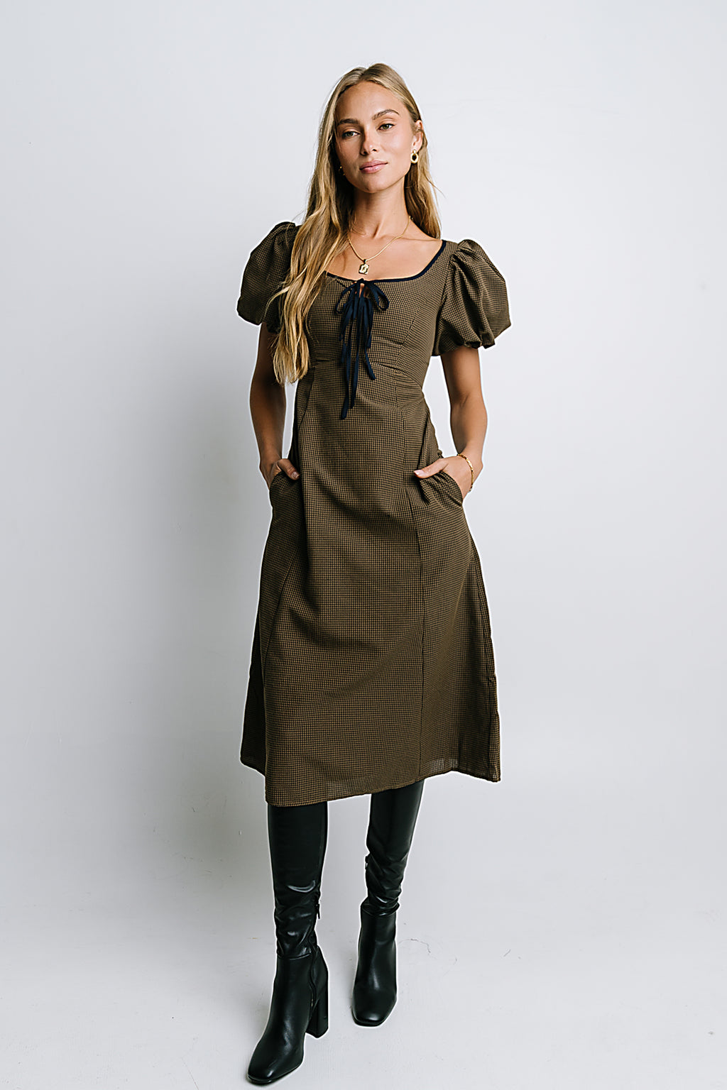 Elle Gingham Midi Dress in Brown - FINAL SALE