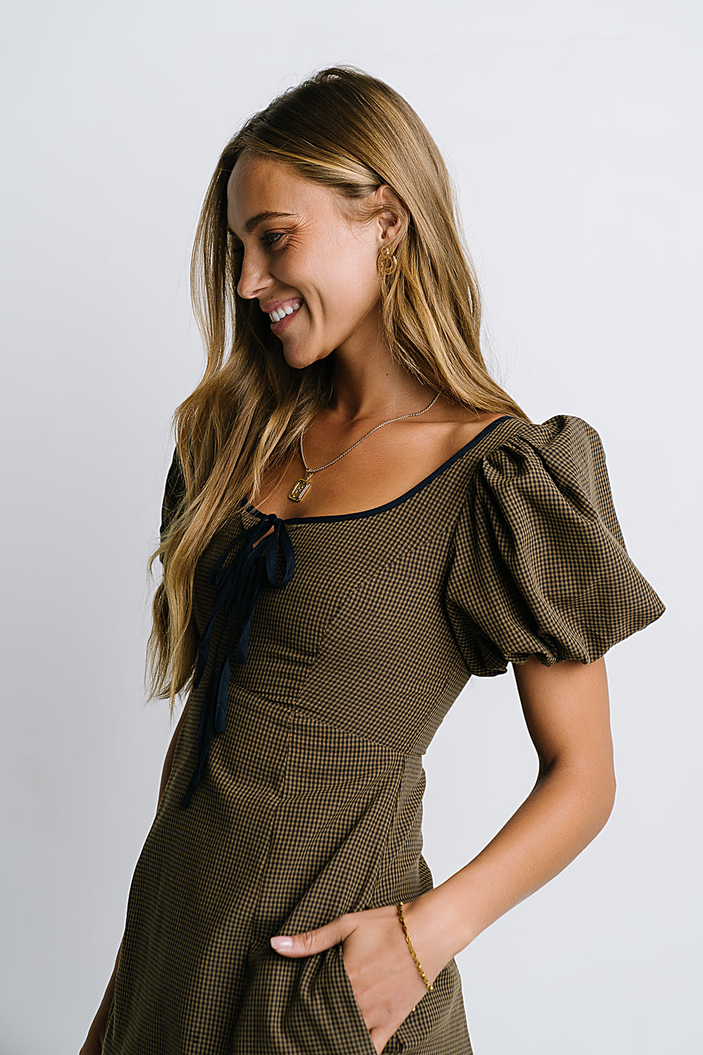 Elle Gingham Midi Dress in Brown - FINAL SALE