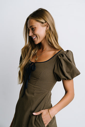 Elle Gingham Midi Dress in Brown - FINAL SALE