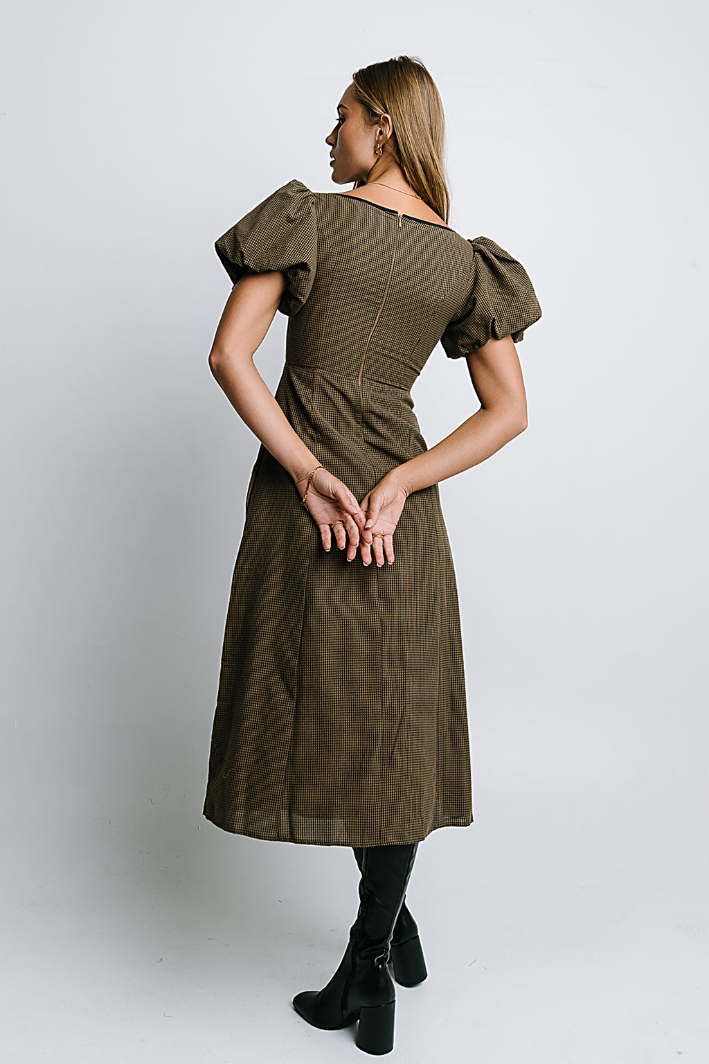 Elle Gingham Midi Dress in Brown - FINAL SALE