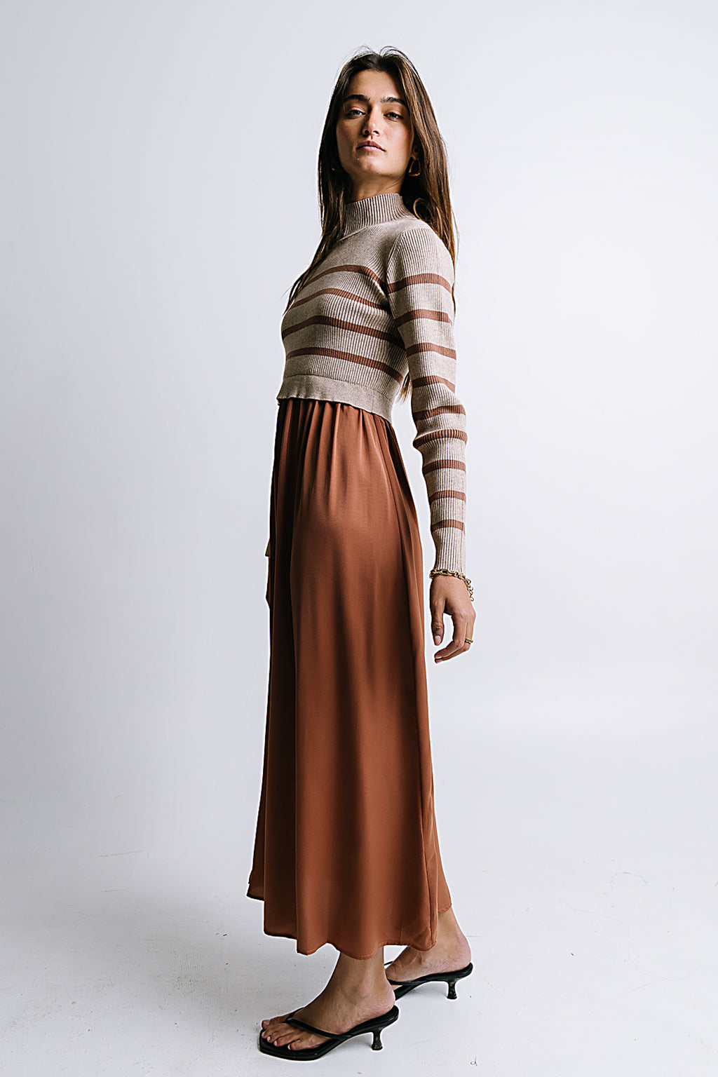 Zeda Midi Dress in Brown Stripe - FINAL SALE