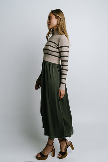 Zeda Midi Dress in Olive Stripe