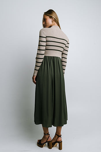 Zeda Midi Dress in Olive Stripe