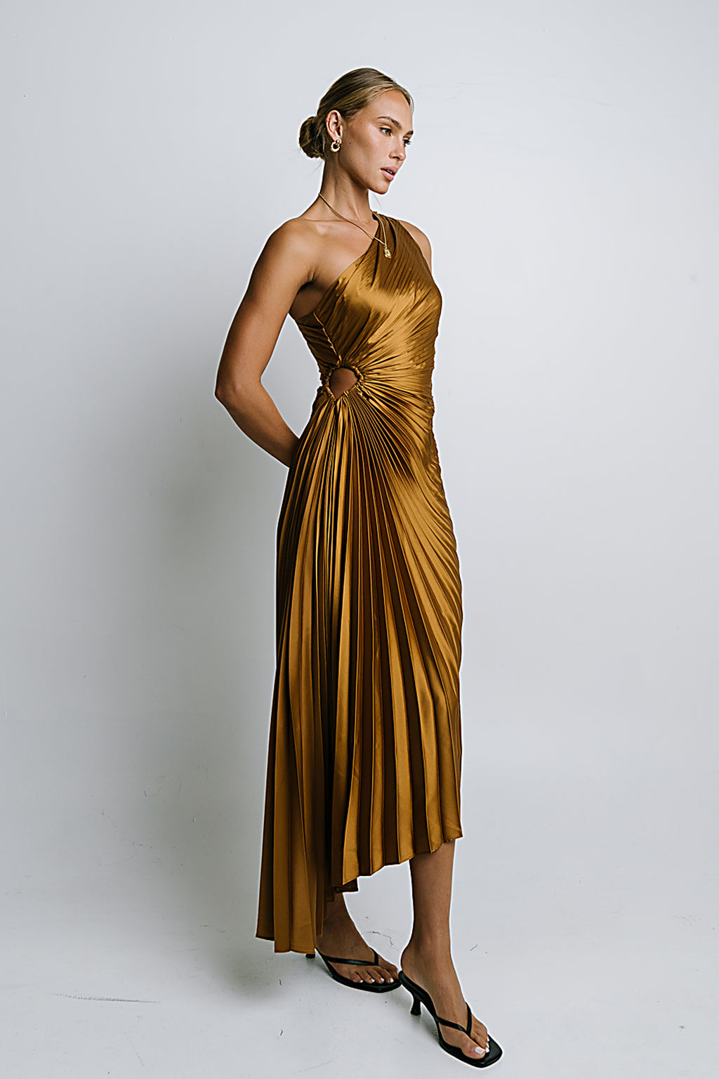 Asymmetrical Pleated Maxi Dress in Gold