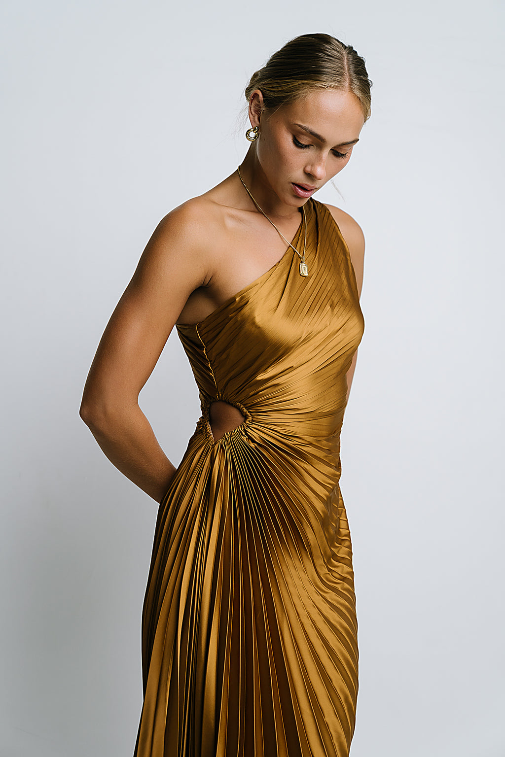 Asymmetrical Pleated Maxi Dress in Gold