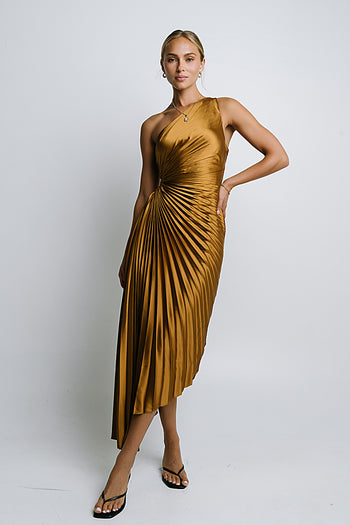 Asymmetrical Pleated Maxi Dress in Gold