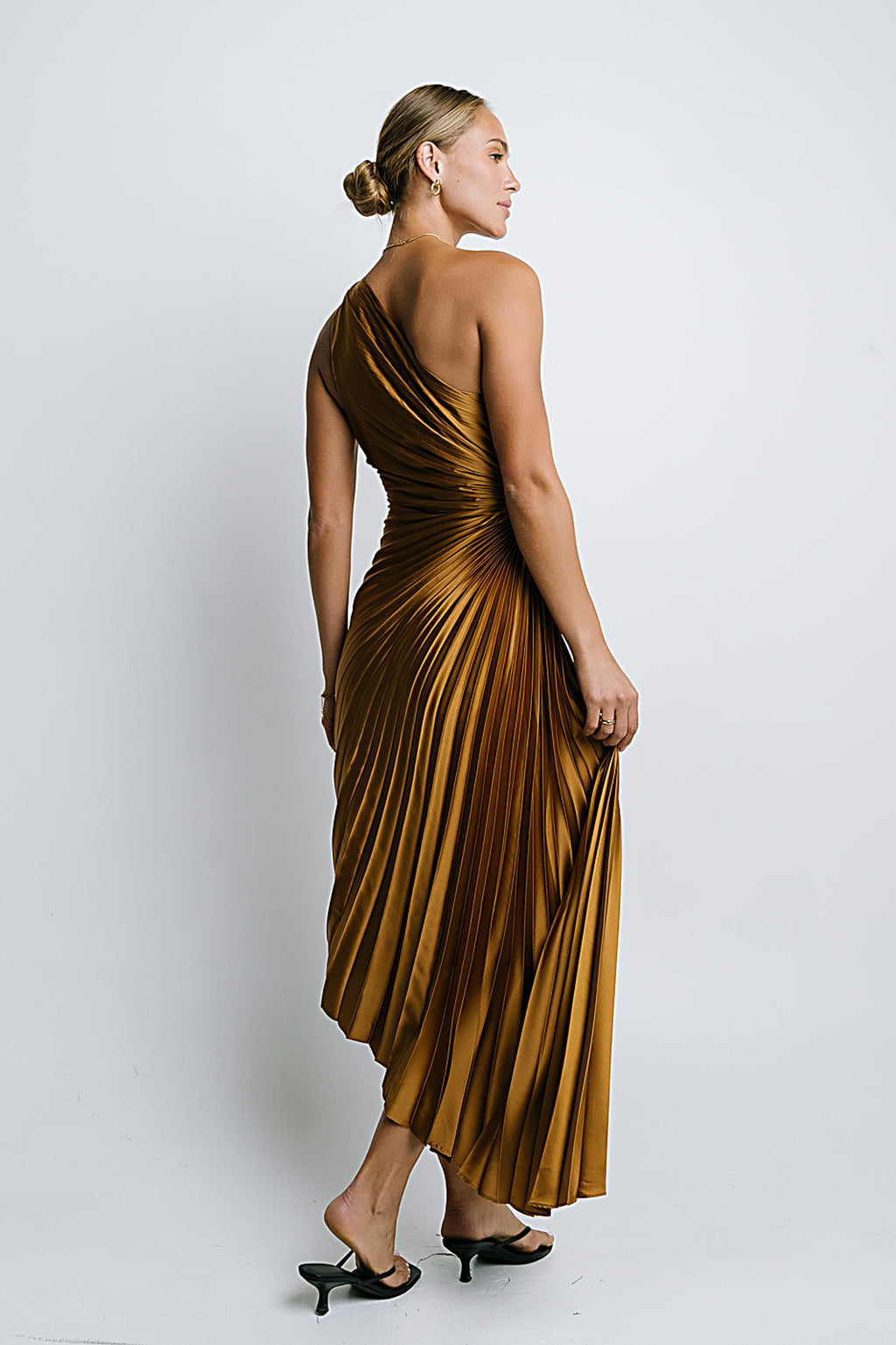 Asymmetrical Pleated Maxi Dress in Gold