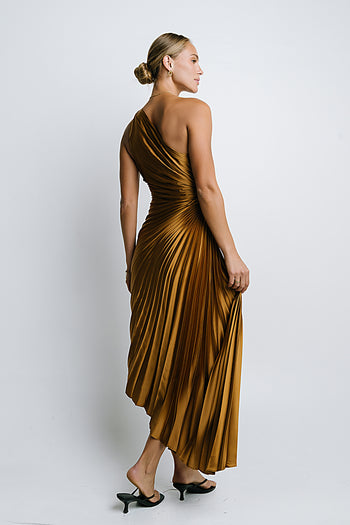 Asymmetrical Pleated Maxi Dress in Gold
