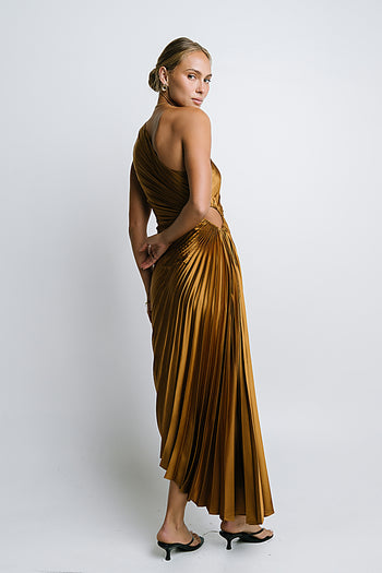 Asymmetrical Pleated Maxi Dress in Gold