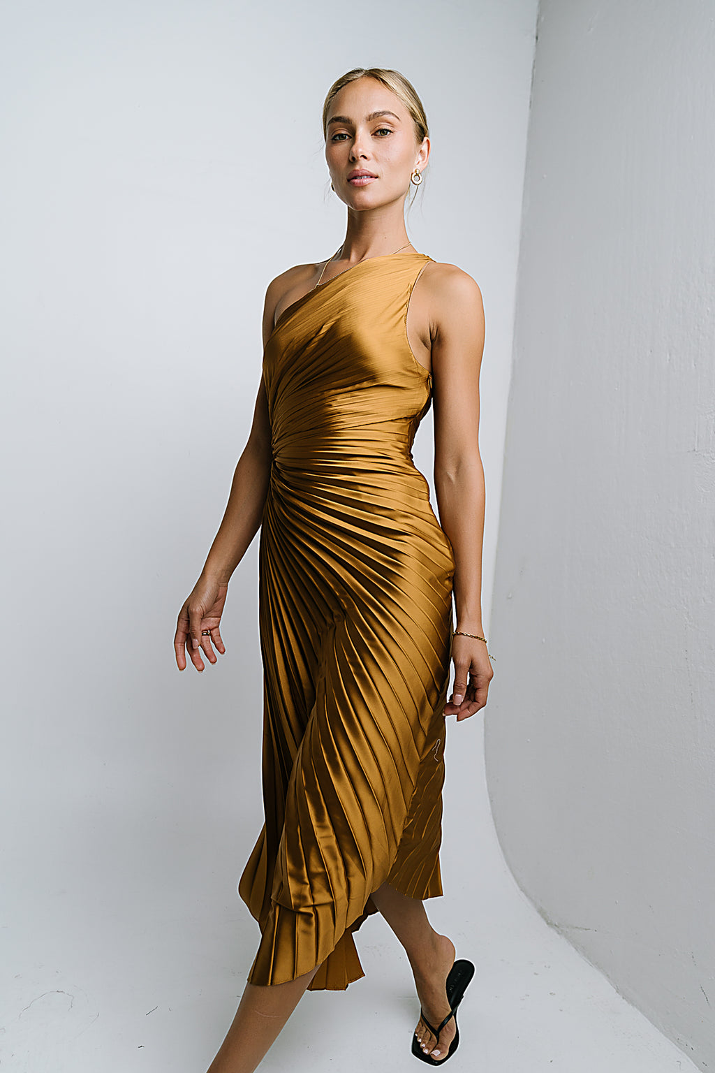 Asymmetrical Pleated Maxi Dress in Gold
