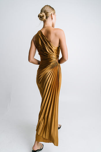 Asymmetrical Pleated Maxi Dress in Gold