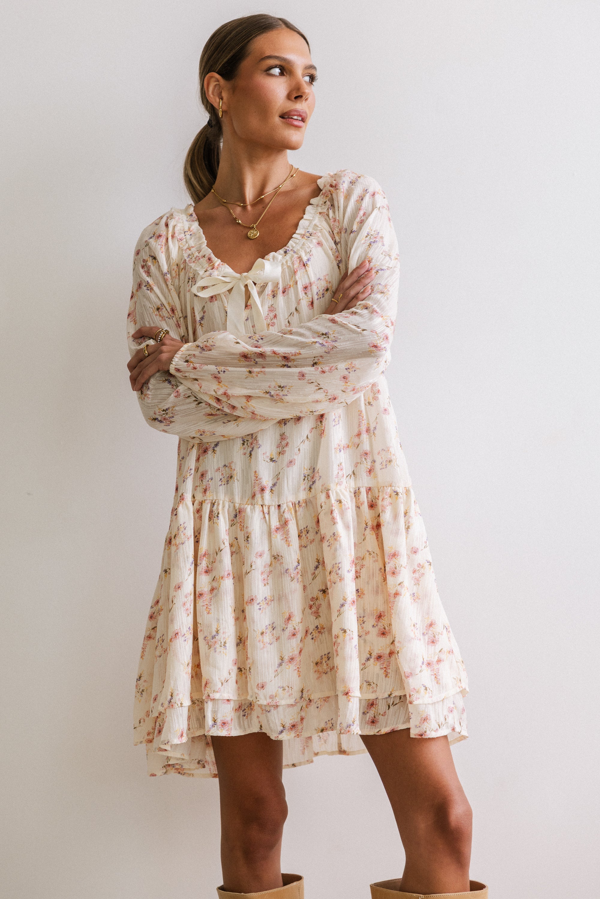 knee length floral dress a back bow Women's Summer Floral Print A-Line