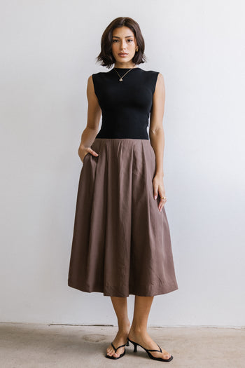 Tristan Mixed Media Midi Dress in Brown