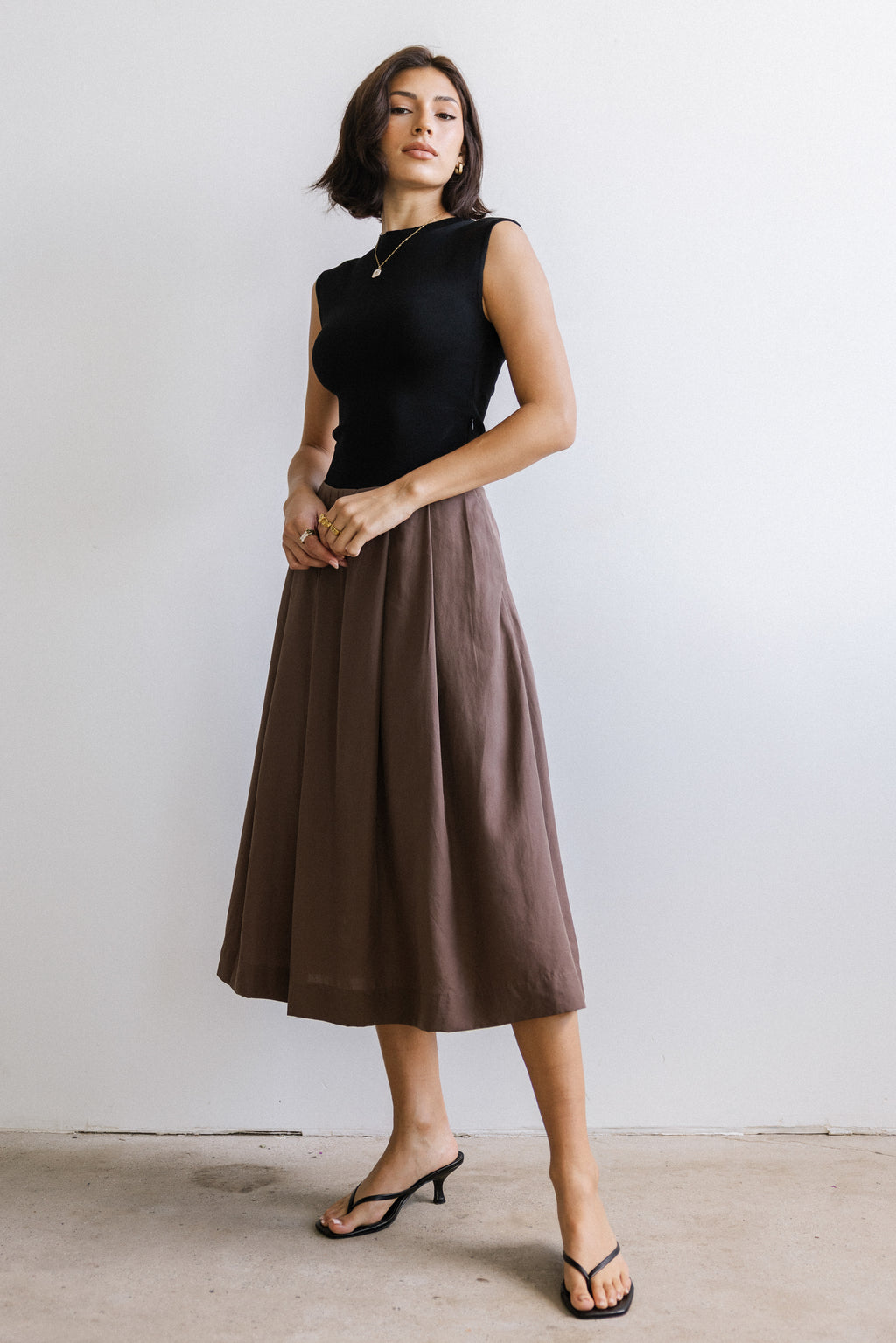 Tristan Mixed Media Midi Dress in Brown