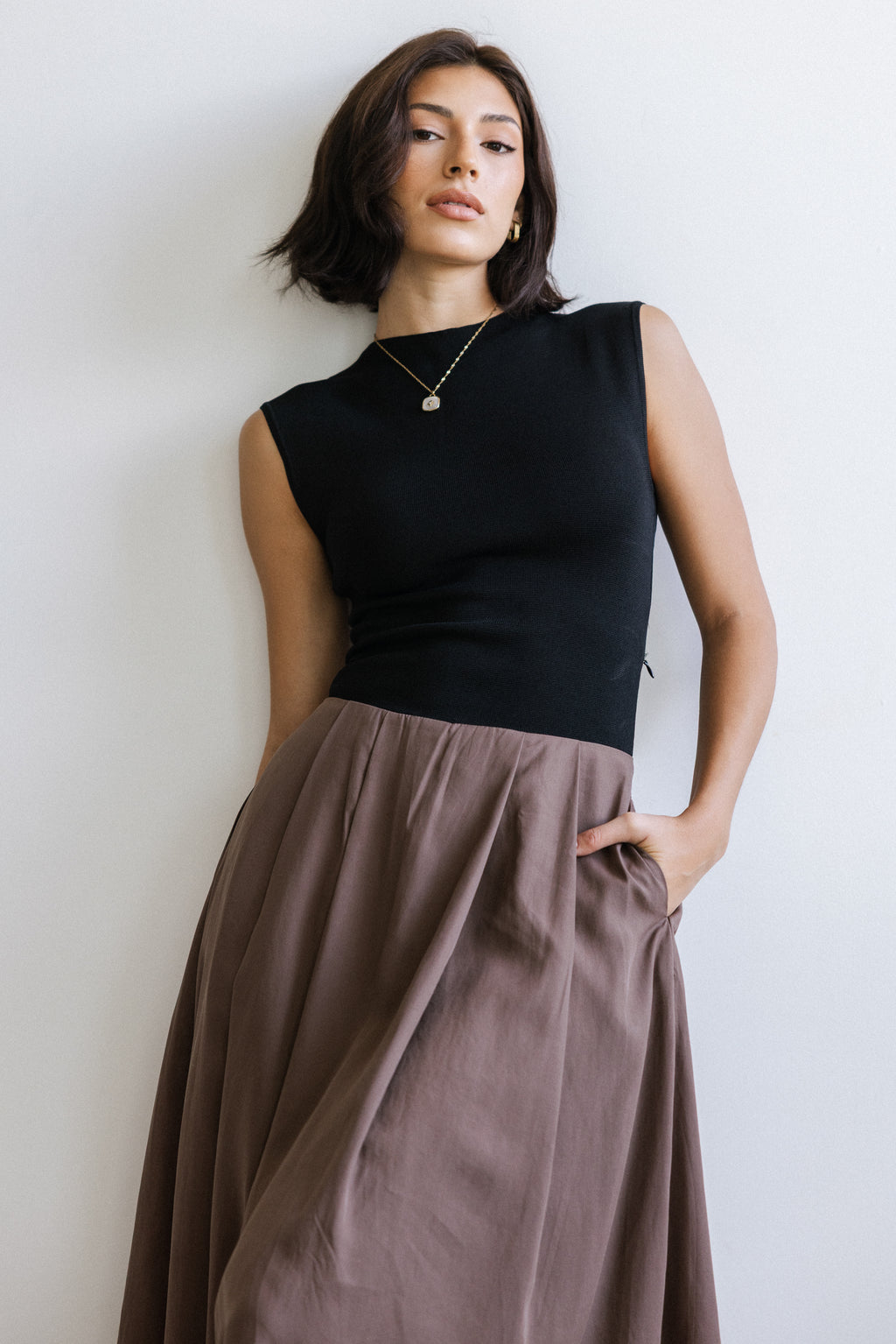 Tristan Mixed Media Midi Dress in Brown Tristan Mixed Media Midi Dress in Brown