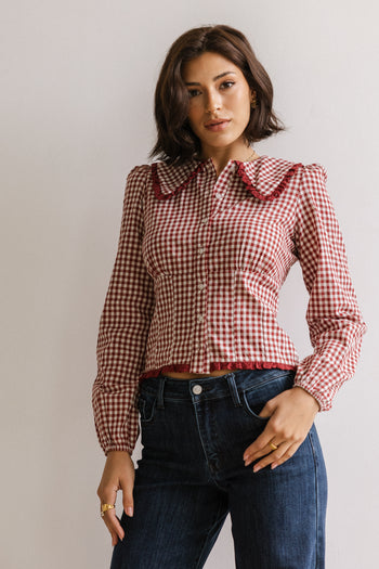 Brenna Gingham Blouse in Burgundy - FINAL SALE