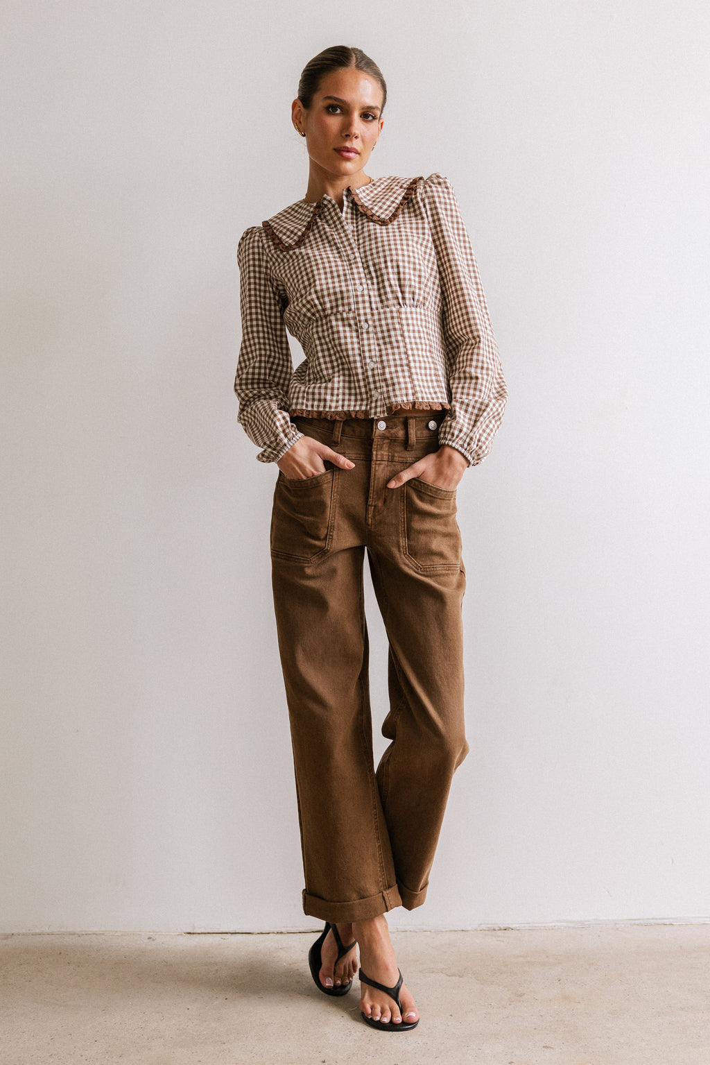 Brenna Gingham Blouse in Mocha