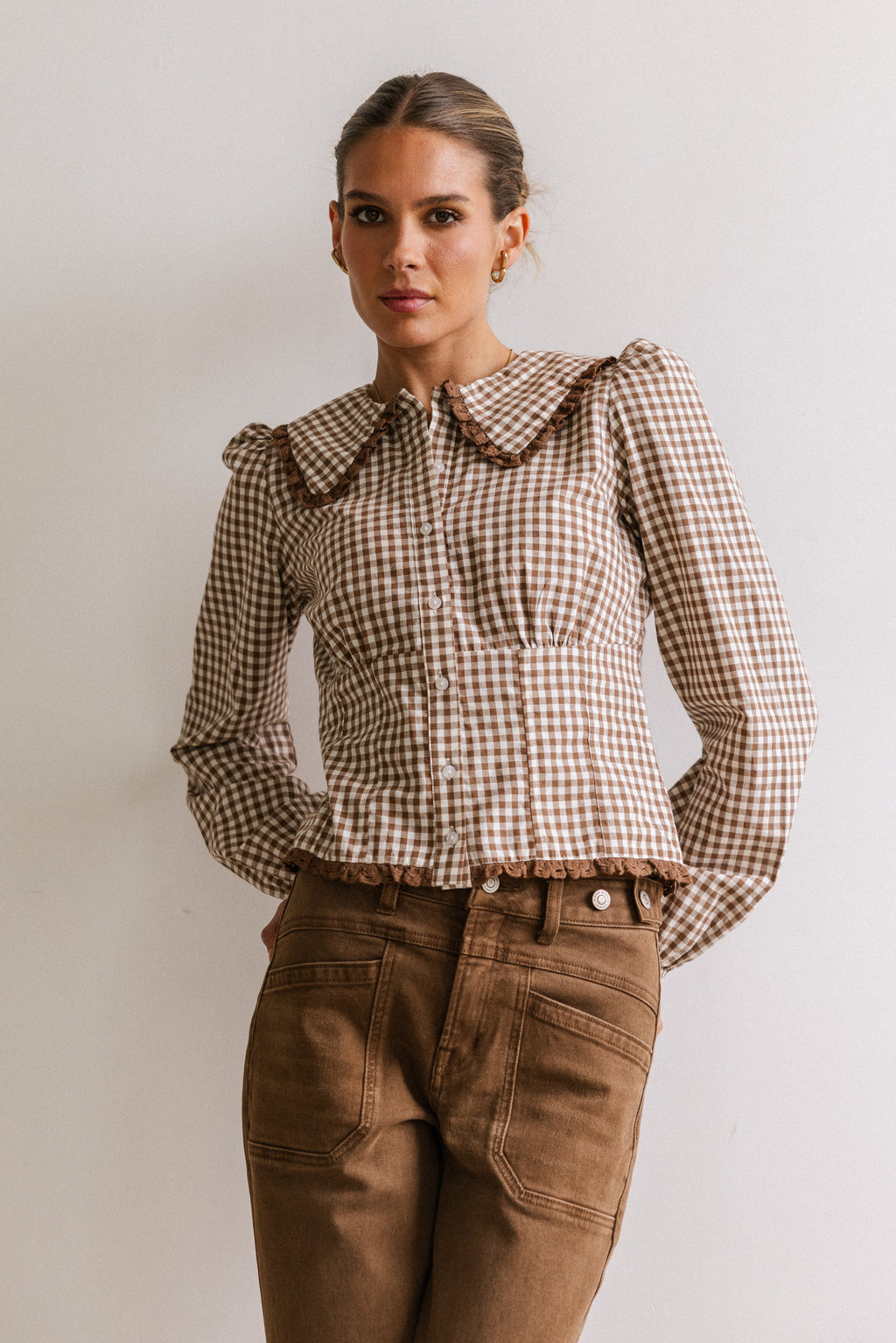 Brenna Gingham Blouse in Mocha