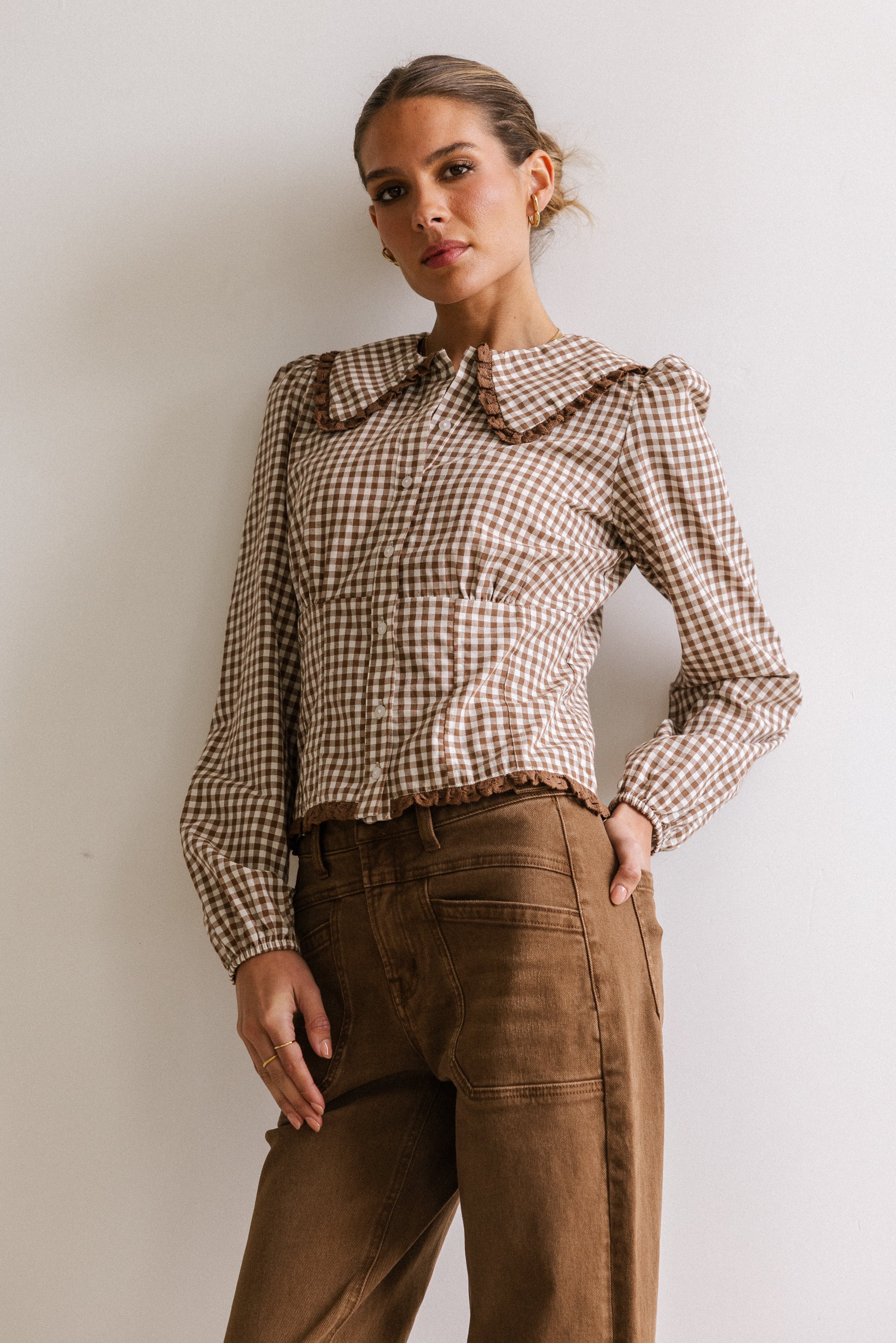 Brenna Gingham Blouse in Mocha - FINAL SALE