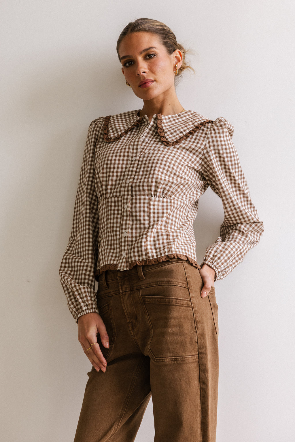 Brenna Gingham Blouse in Mocha