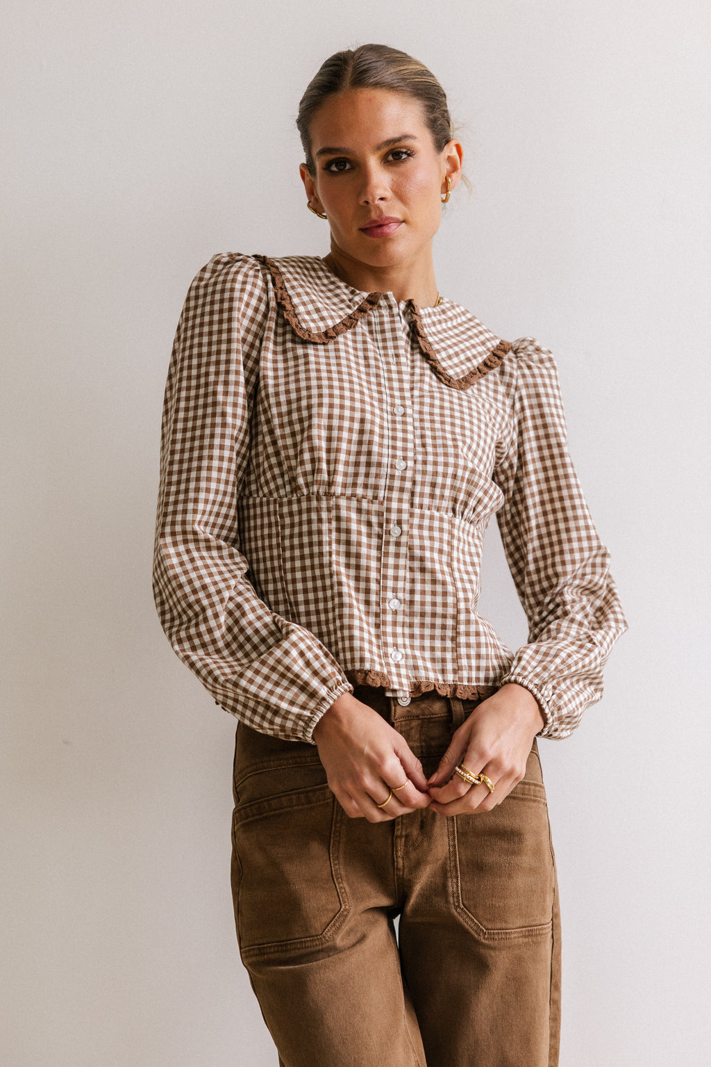 Brenna Gingham Blouse in Mocha