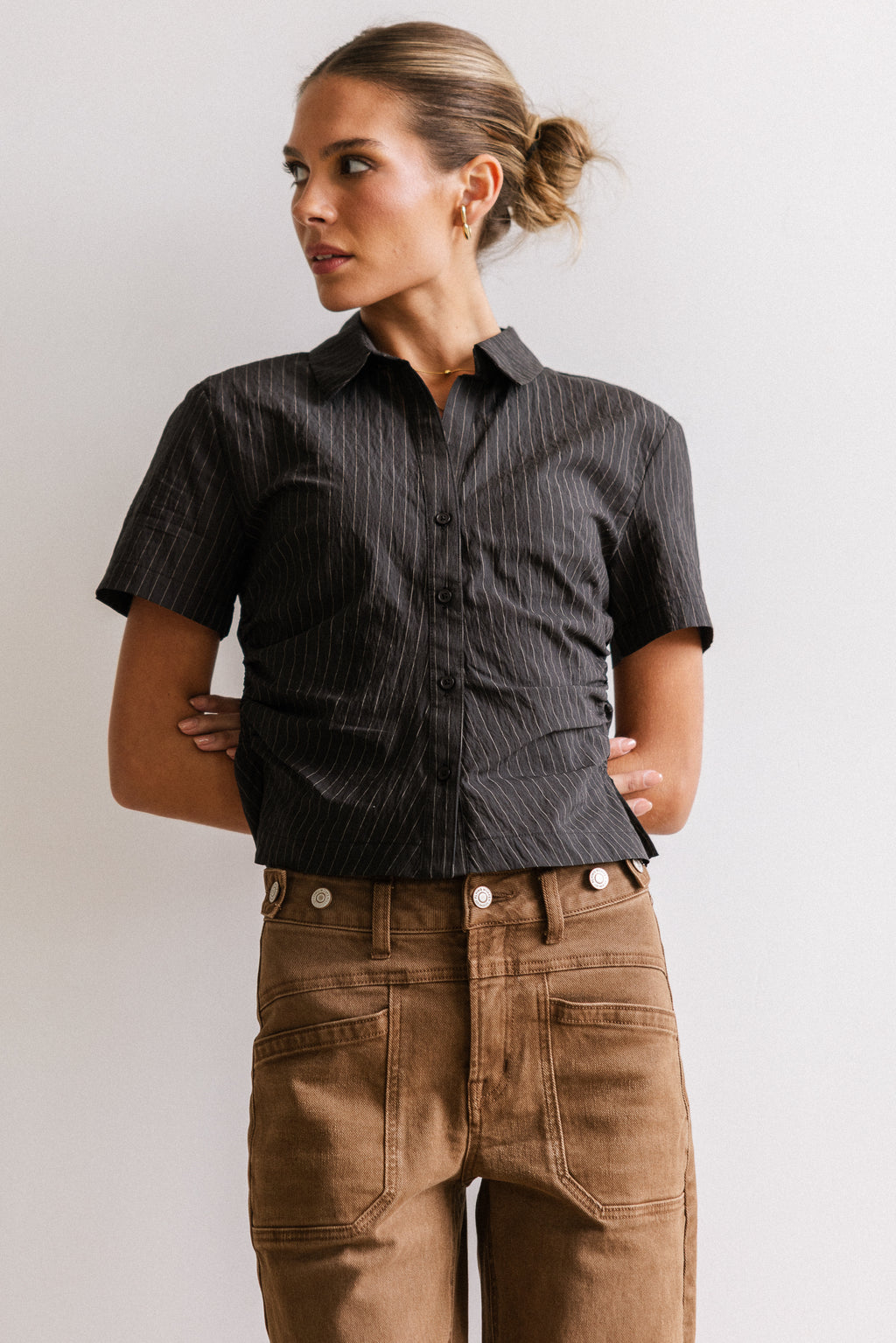 Brandy Ruched Button Up in Black - FINAL SALE Brandy Ruched Button Up in Black - FINAL SALE
