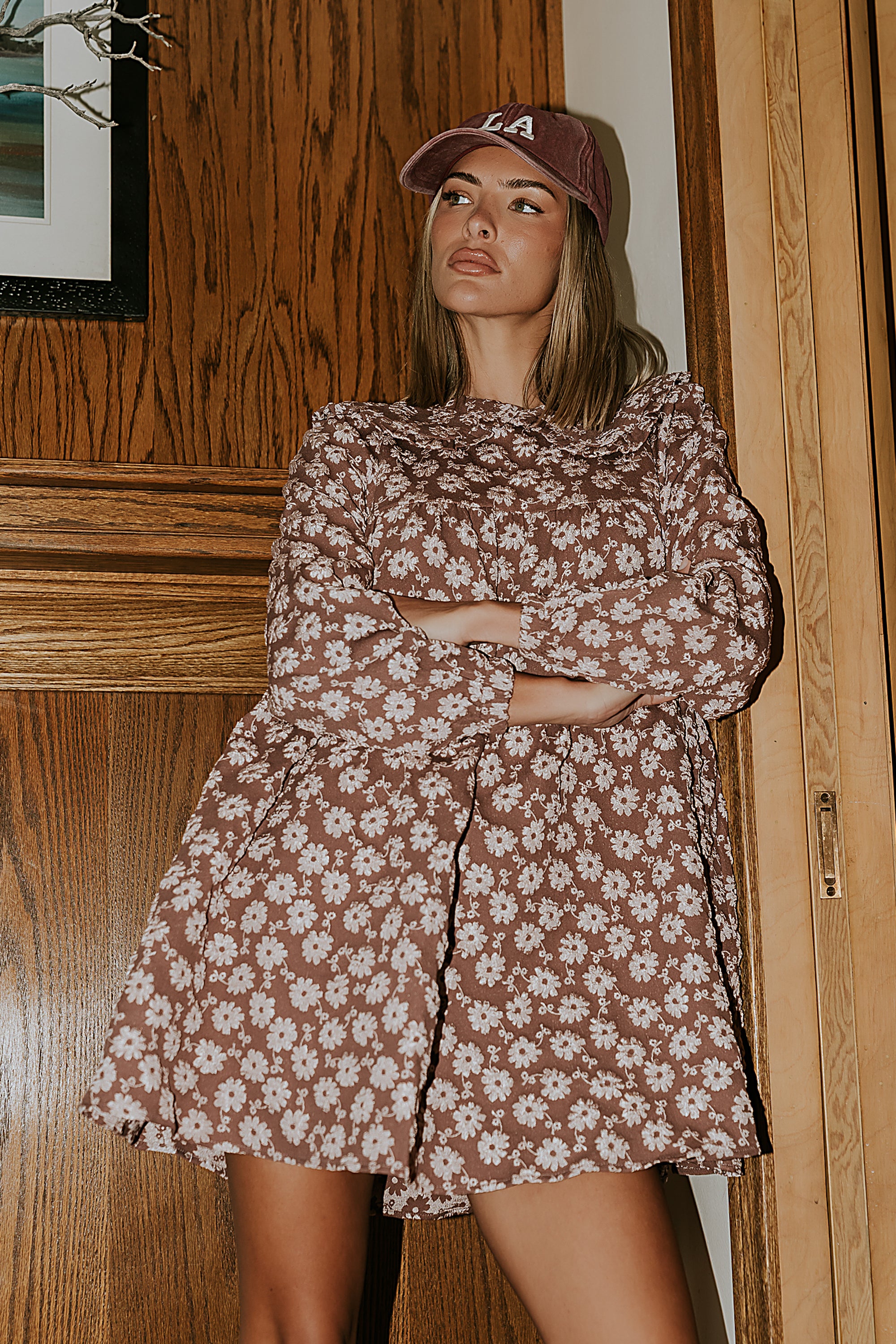 brown floral sawyer mini dress Liam in Mauve Long sleeve