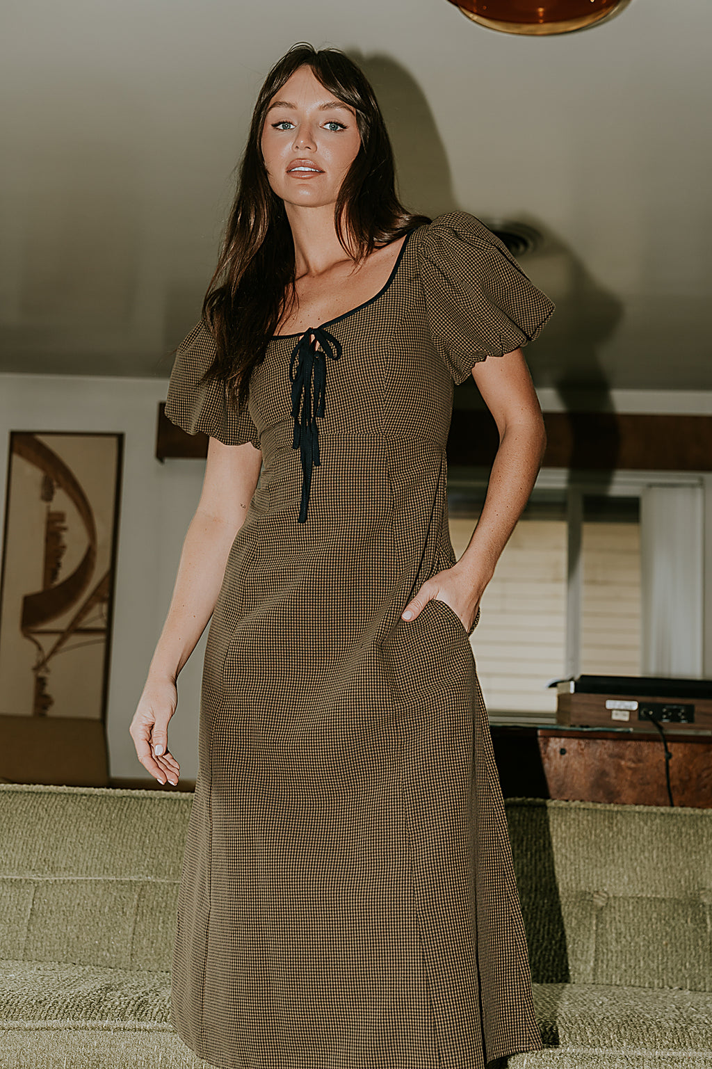 Elle Gingham Midi Dress in Brown - FINAL SALE